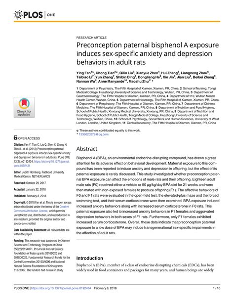 Pdf Preconception Paternal Bisphenol A Exposure Induces Sex Specific