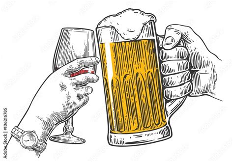 Two Hands Clink A Glass Of Beer And A Glass Of Wine Hand Drawn Design