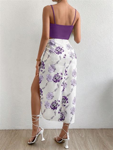 SHEIN Raffinéa Solid Cami Top Floral Print Knot Side Wrap Skirt