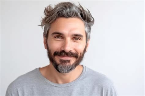 Premium Ai Image Close Up Of Handsome Adult Man With Beard Wearing Gray T Shirt Smiling Happy