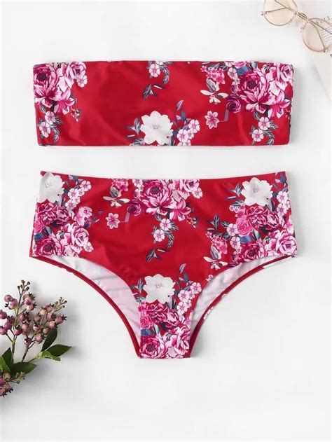 Plus Floral Bandeau With High Waist Bikini Set High Waisted Bikini