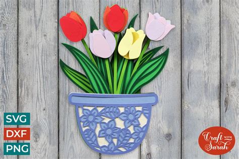 3d Tulips Svg Layered Spring Flowers In Vase Svg