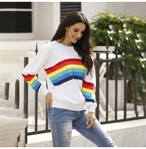 Sweater Women Autumn Winter Long Sleeve Rainbow Striped Top White Knit