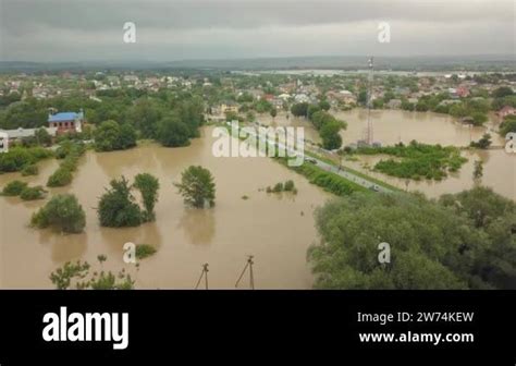 Flooded soccer field during a severe flood. Aerial video. From the ...