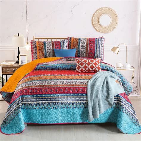 WONGS BEDDING Boho Quilt King Size Orange And Blue Bohemian King Quilt