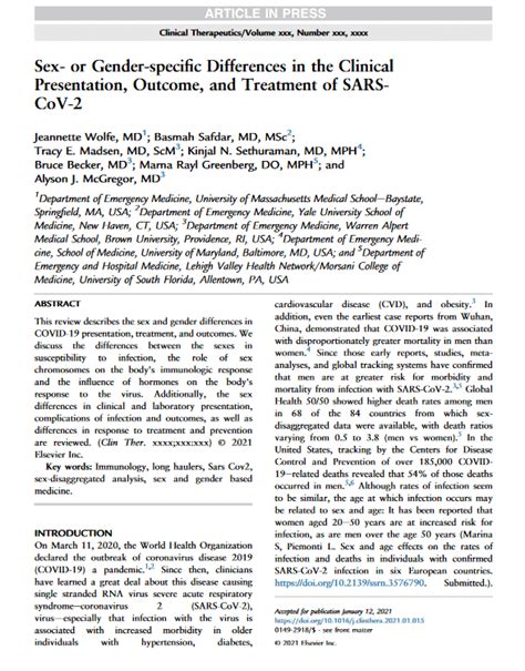 Sex Or Gender Specific Differences In The Clinical Presentation Outcome And Treatment Of SARS