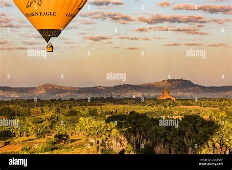 View From The Hot Air Balloon Over Fields And Palm Trees As Well As Ancient Temples Over Old