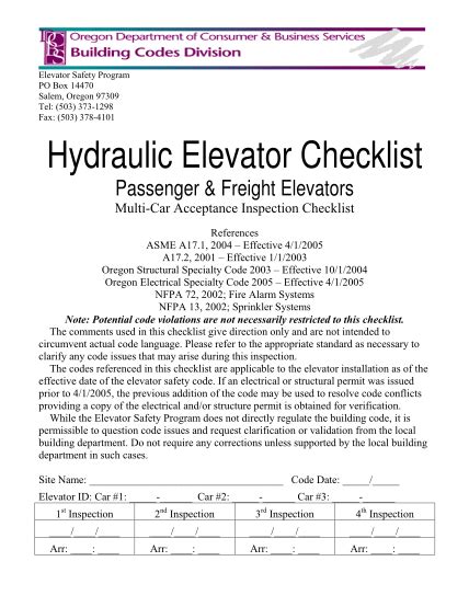 Elevator Inspection Checklist Template