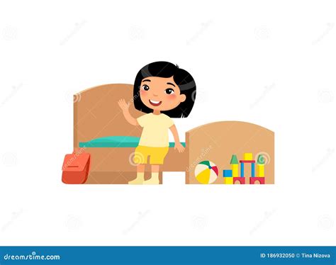 Little Asian Girl in Clean Bedroom Flat Vector Illustration. Cute Kid Sitting on Bed in Tidy ...