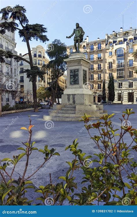 Statue Of Miguel De Cervantes In City Of Madrid Editorial Photography