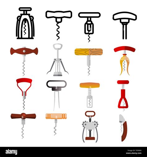 Corkscrew Icon Set Vector Wine Cork Screw Open Bottle Party Bar Tool