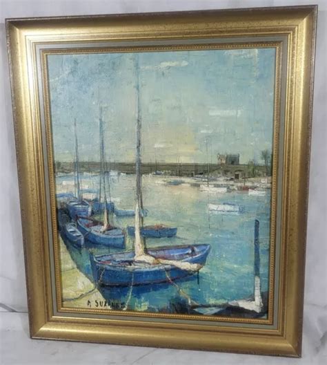 A SUZANNE PAYSAGE Marin Port Voiliers Peinture Huile Sur Toile EUR 1