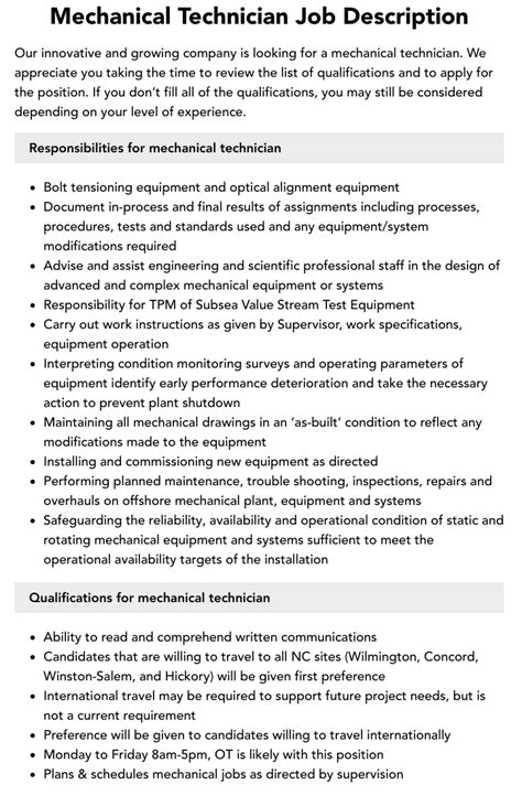 Mechanical Technician Job Description | Velvet Jobs