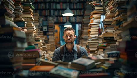 Photo Of A Man Surrounded By A Library Full Of Books AI Generated