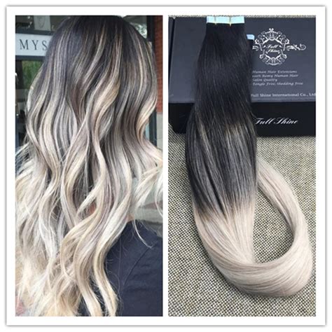 Full Shine Blonde Ombre Tape In Hair Extensions Balayage Color 1B