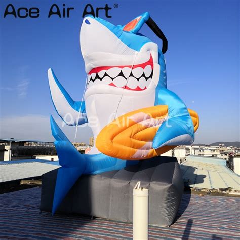 Customize Giant Ocean Theme Inflatable Shark Sitting On The Stone With