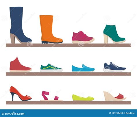 Various Footwear Set Of Icons Colorful Shoes And Boots For Women And