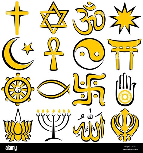 Conjunto de 16 símbolos religiosos ejecutados en line art Imagen Vector