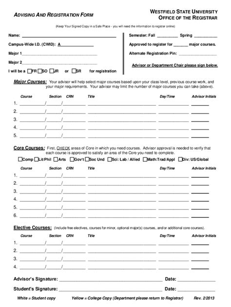 Fillable Online Fillable Online Westfield Ma REGISTRATION ADVISING FORM