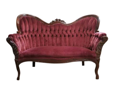 Antique Red Velvet Tufted Loveseat | Chairish