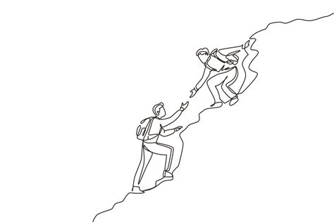 Single One Line Drawing Two Men Hiker Helping Each Other On Top Of