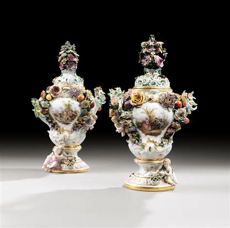 A Pair Of Massive Meissen Porcelain Flower Encrusted Pot Pourri Vases