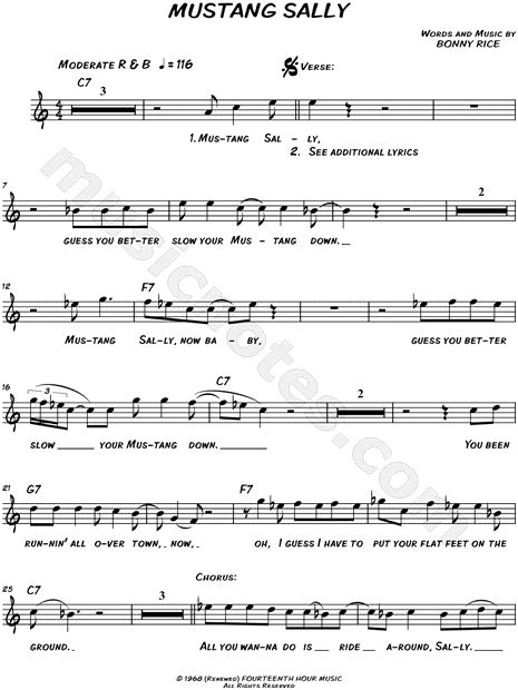 Wilson Pickett "Mustang Sally" Sheet Music (Leadsheet) in C Major (transposable) - Download ...