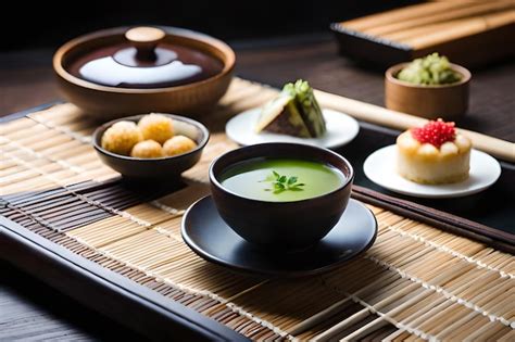 Un plato de sopa verde con un plato de comida en una estera de bambú