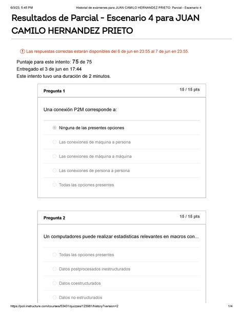 Intento 2 Historial de exámenes para Parcial Escenario 4 Resultados