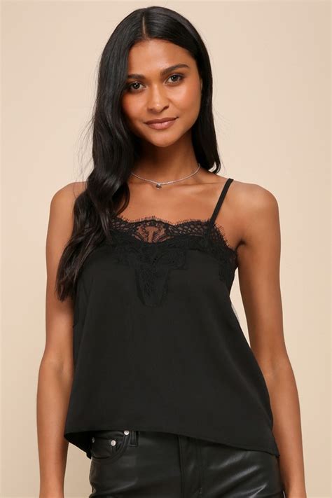 Cute Black Lace Top Black Satin Top Cami Top Black Top Lulus