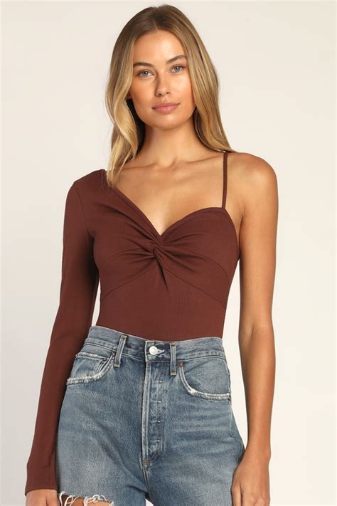 Brown Ribbed Knit Bodysuit One Shoulder Top Asymmetrical Top Lulus