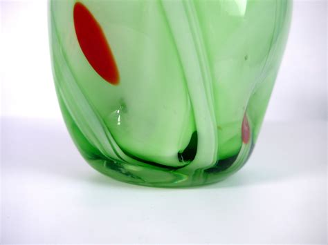 Vintage Green Art Glass Vase Cased Glass Swirl W Red Heavy Mid Century Modern Mod Pinched