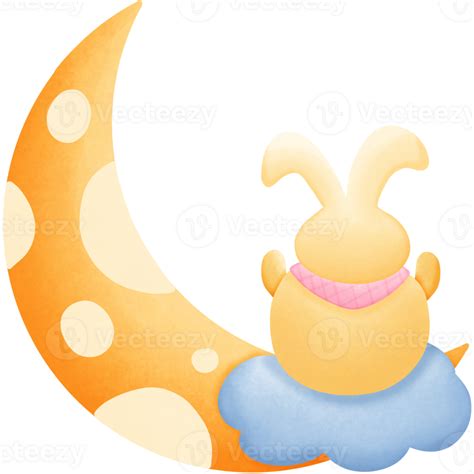 A Cartoon Rabbit Sitting On The Moon With Clouds Isolated On