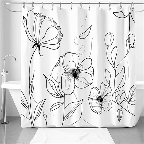 Minimalist Black And White Floral Shower Curtain Modern Bathroom Decor