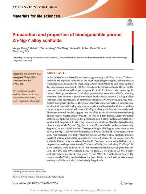 Preparation And Properties Of Biodegradable Porous Zn Mg Y Alloy