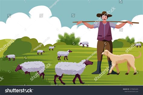 Shepherd Stick Dogs Herding Sheep Vector Stock Vector (Royalty Free) 1579845409