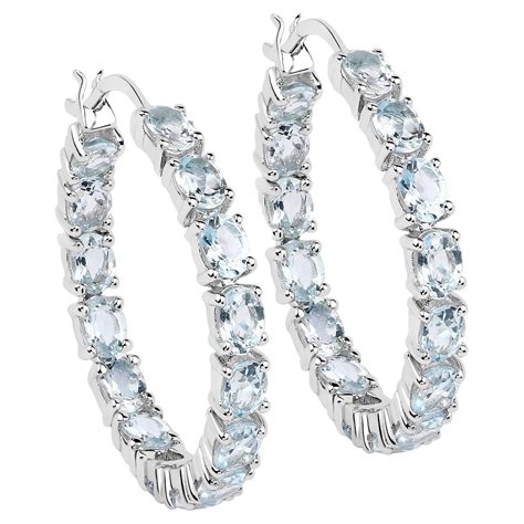 Natural Swiss Blue Topaz Hoop Earrings Total 360 Carats Rhodium Plated Silver For Sale At 1stdibs