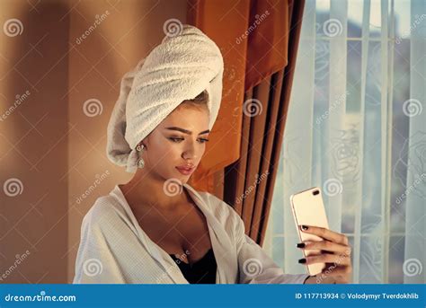 Sensual Woman Body Girl With Towel On Head Taking Selfie After Spa