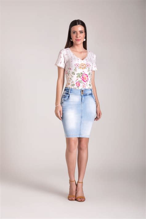 Saia Jeans Tradicional Laura Rosa Moda Evang Lica Lu Modas