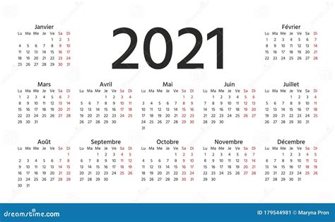 2021 French Calendar Vector Illustration Template Year Planner Stock