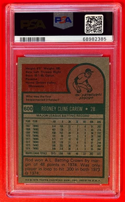 1975 Topps ROD CAREW 600 Twins AL ALL STAR Baseball Card Graded PSA 6