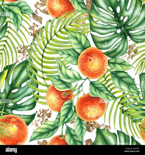 Watercolor Tropical Pattern With Tangerines Palm Leaves Monstera And