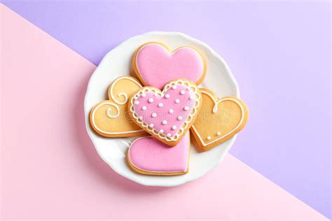 Plate With Decorated Heart Shaped Cookies And Space For Text On Color