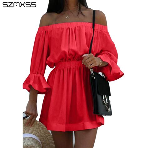 Mujeres Vestido De Verano Moda Slash Cuello Hombro Backless Flare Mangas Vestidos De Color