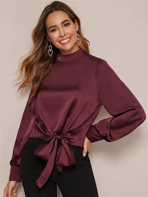 Mock Neck Tie Front Satin Top Shein In Satin Top Tops Fashion