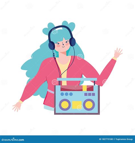 Girl Listening Music With Stereo Radio And Earphones Stock Vector Illustration Of Teenage