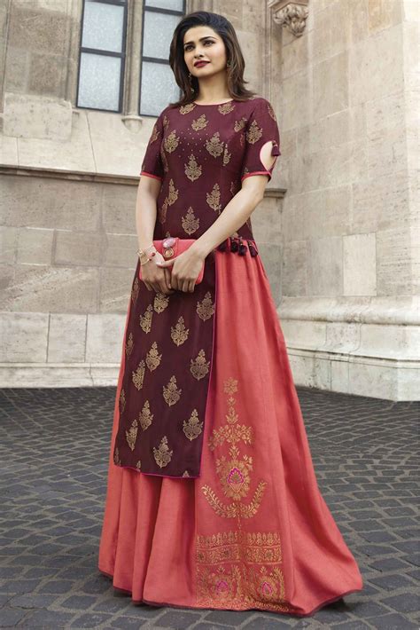 Prachi Desai Banarasi Jacquard And Satin Stone Work Kurti In Wine And Peach Colour In 2021