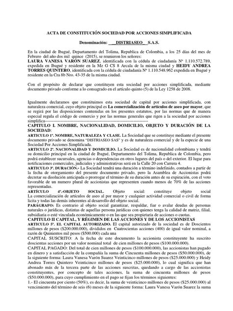 Ejemplo Acta De Constitución Sociedad Por Acciones Simplificada Quórum Dividendo