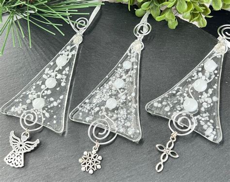 Fused Glass Christmas Ornaments White And Clear Handmade Christmas Tree Ornament Snowflake