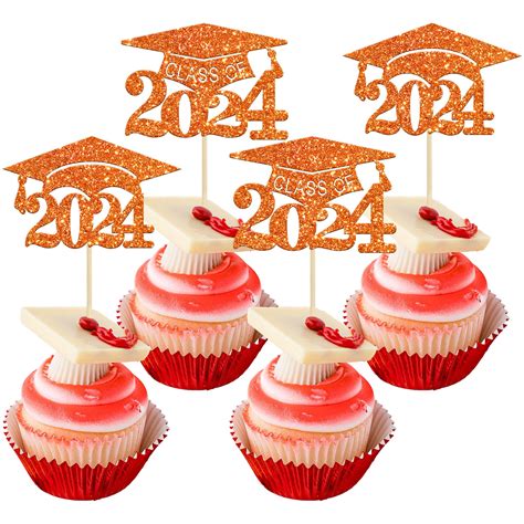 Gyufise 24Pcs 2024 Graduation Cap Cupcake Toppers Orange Glitter